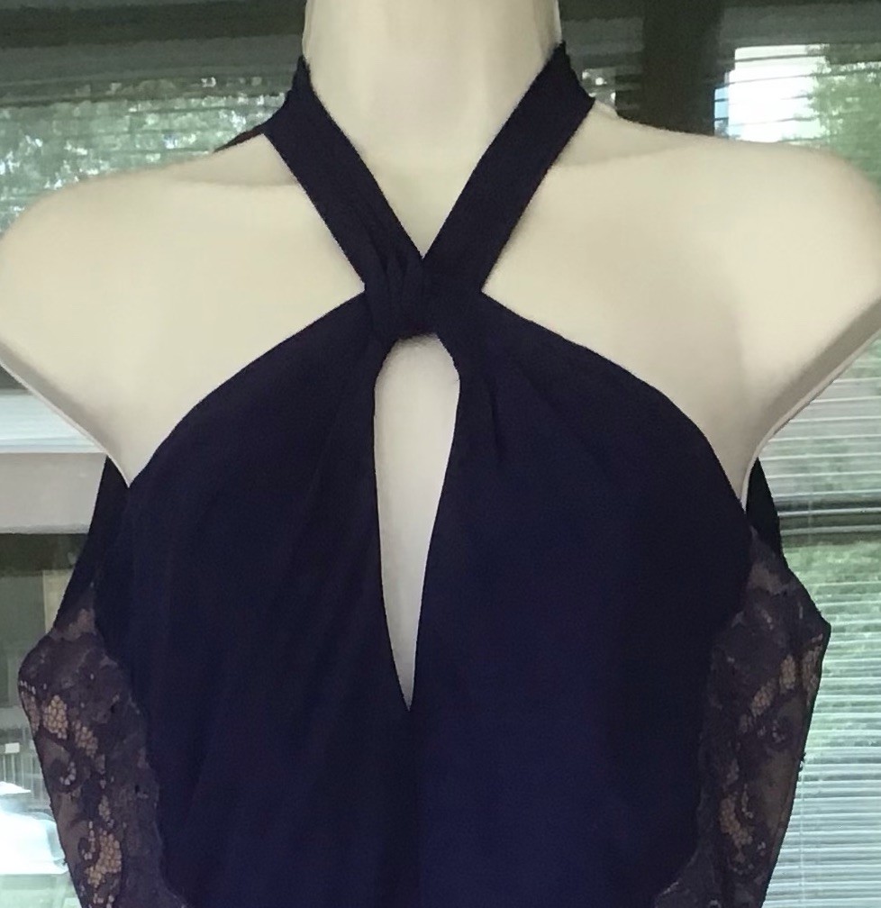 BCBGMAXAZRIA BLUE CRISS-CROSS COLLAR WITH SIDE LACE PANEL RUFFLED DRESS SIZE-4