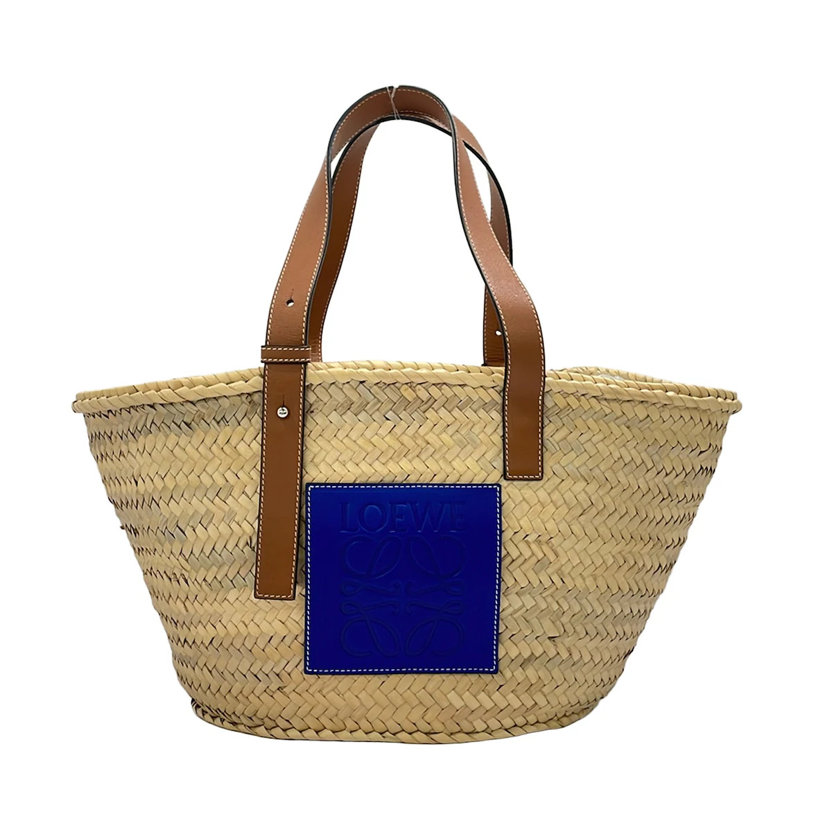 LOEWE Basket Beige Navy Brown Palm Leaf Calf Leather Tote Bag