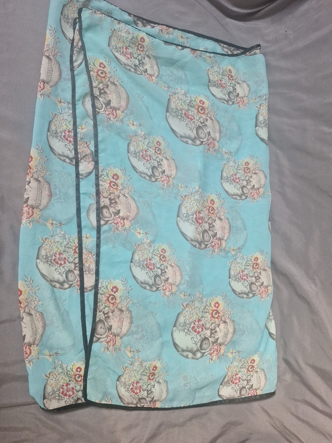 Large Silk Skull Skeleton Scarf Blue Floral 64 x 26 Inches