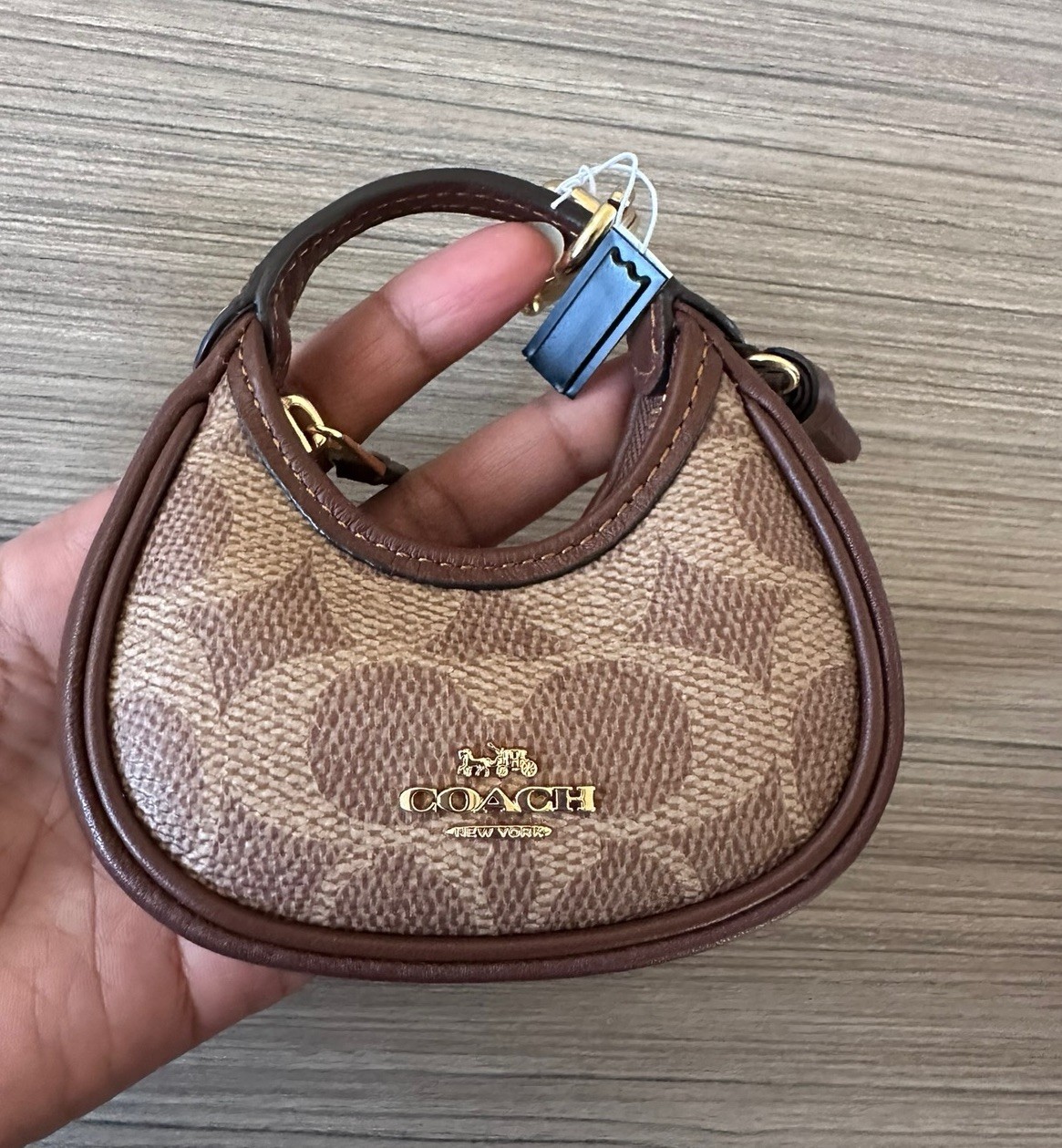 NWT Coach Signature Canvas Mini Carmen Bag Charm Coin Purse Gold Tan Brown CBK67