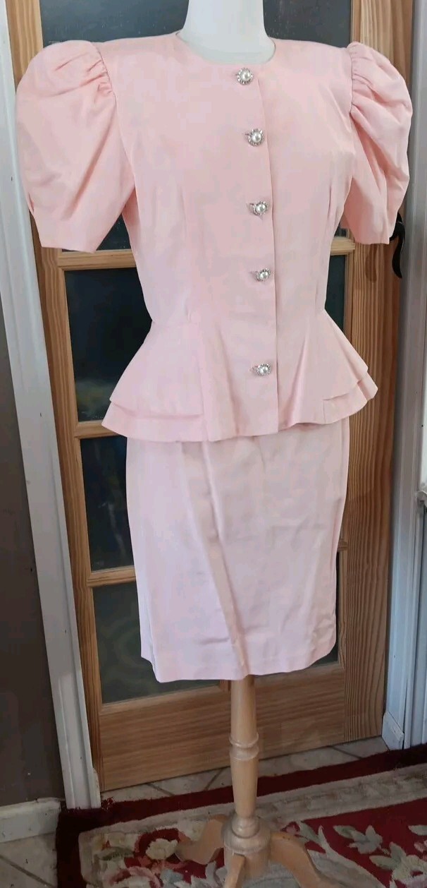 Vintage 80s Skirt Set Pretty In Pink Peplum Belt Bow Puff Sleeve Pantagis Sz 12P