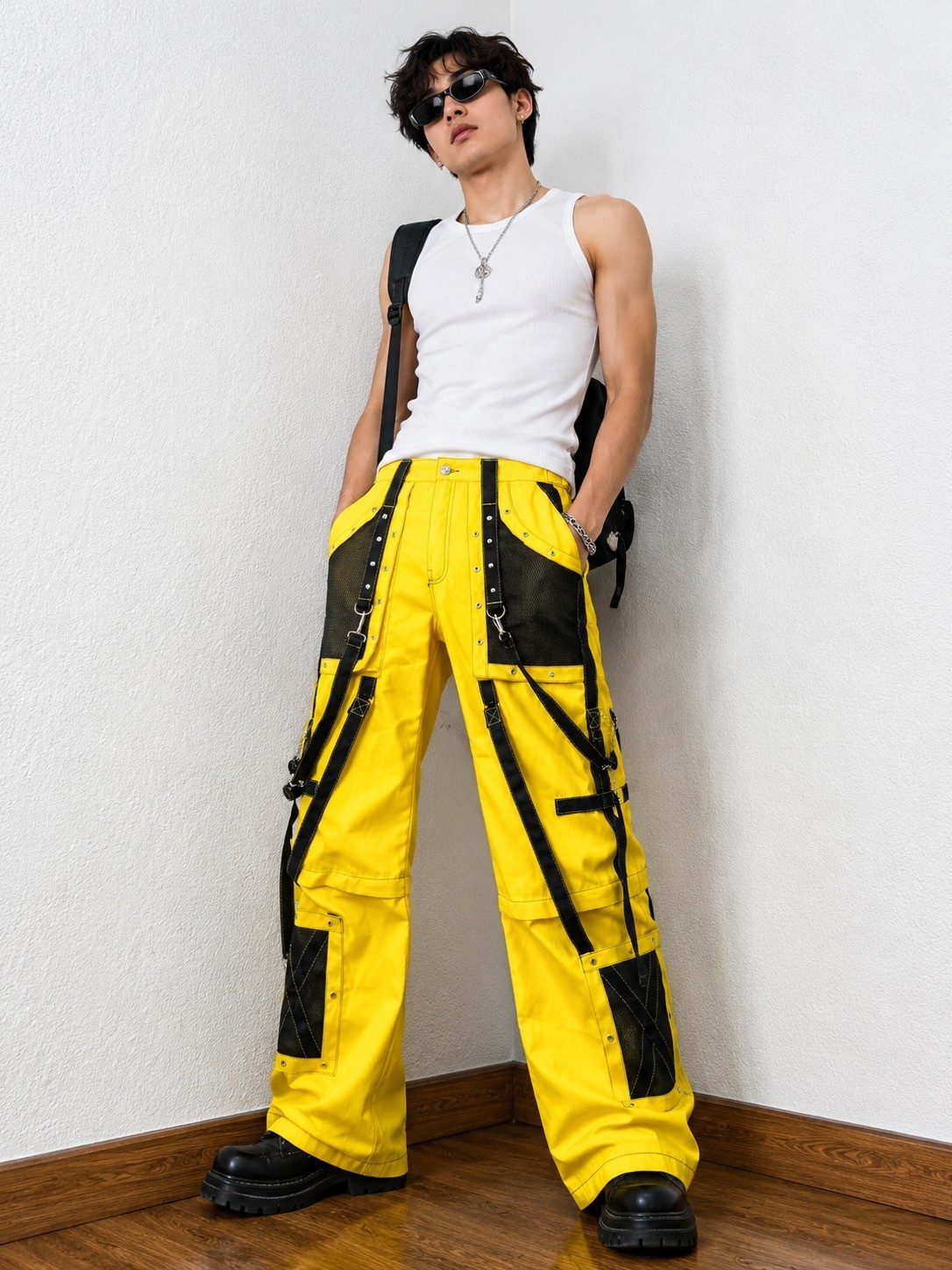 Yellow Techwear Cargo Pants Black Straps Utility Tactical Streetwear Trouser