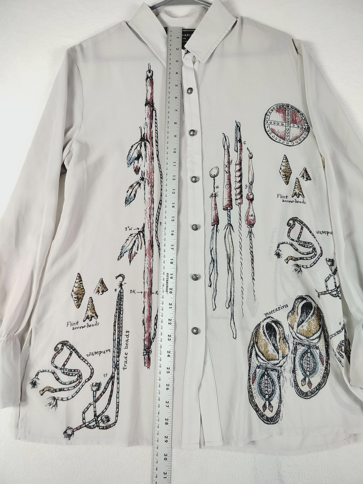 Double D Ranch Shirt Womens Medium Grey Whisper Western Arrow Print Blouse Sheer