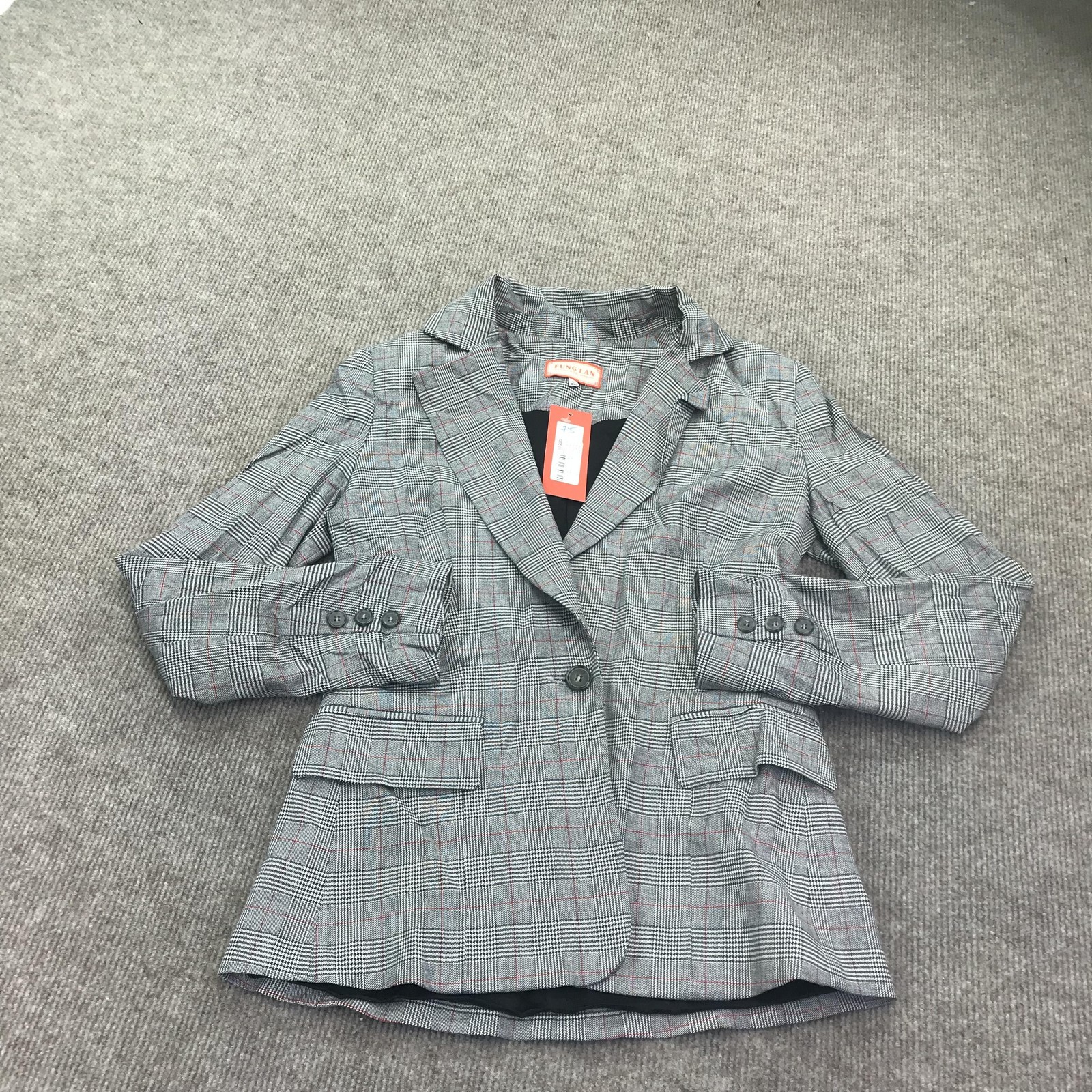 Fung Lan & Co Blazer Womens 0 Gray Plaid Made In USA FUNGCBLAID Jacket