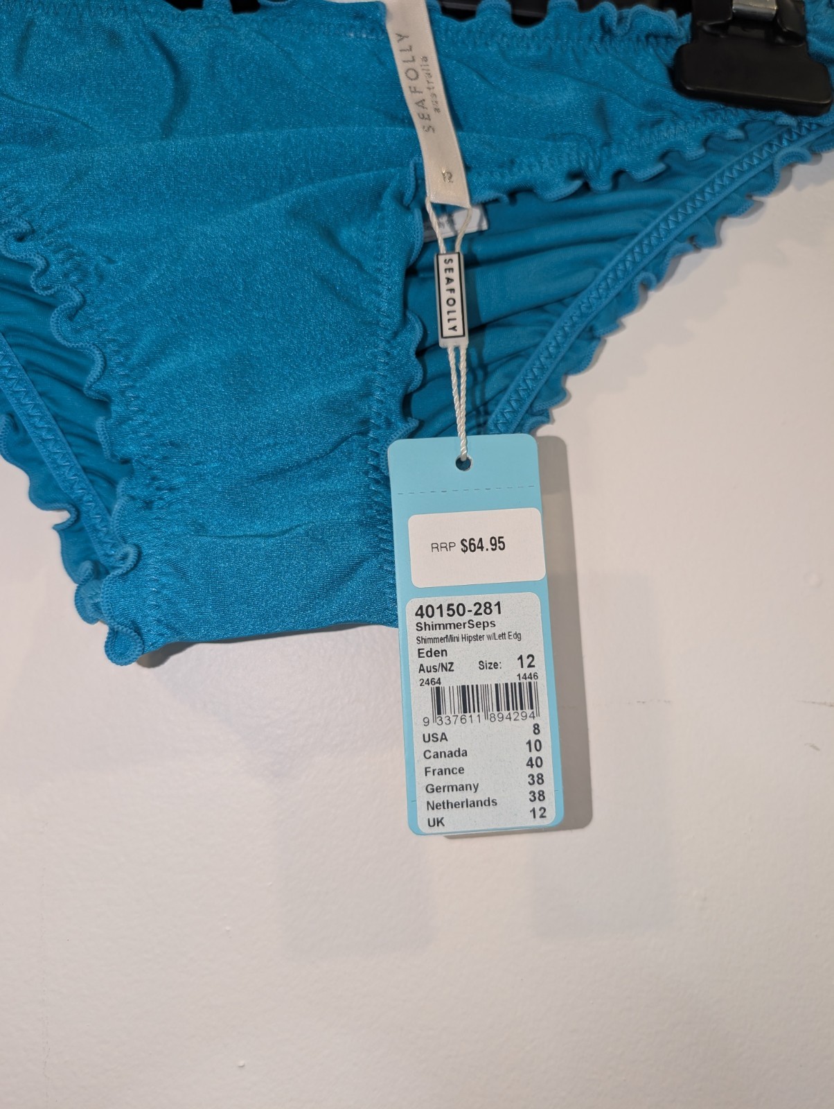 Seafolly Bikini Bottom Shimmer Hipster AU12 US8 New Tags Eden Blue RRP $64.95