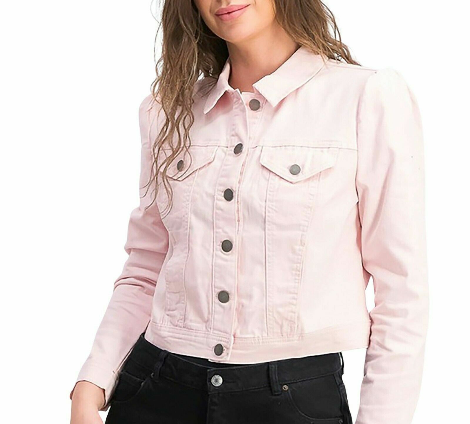 Maison Jules Women Pink Puff Button Front Denim Jacket Collared Pockets Size M