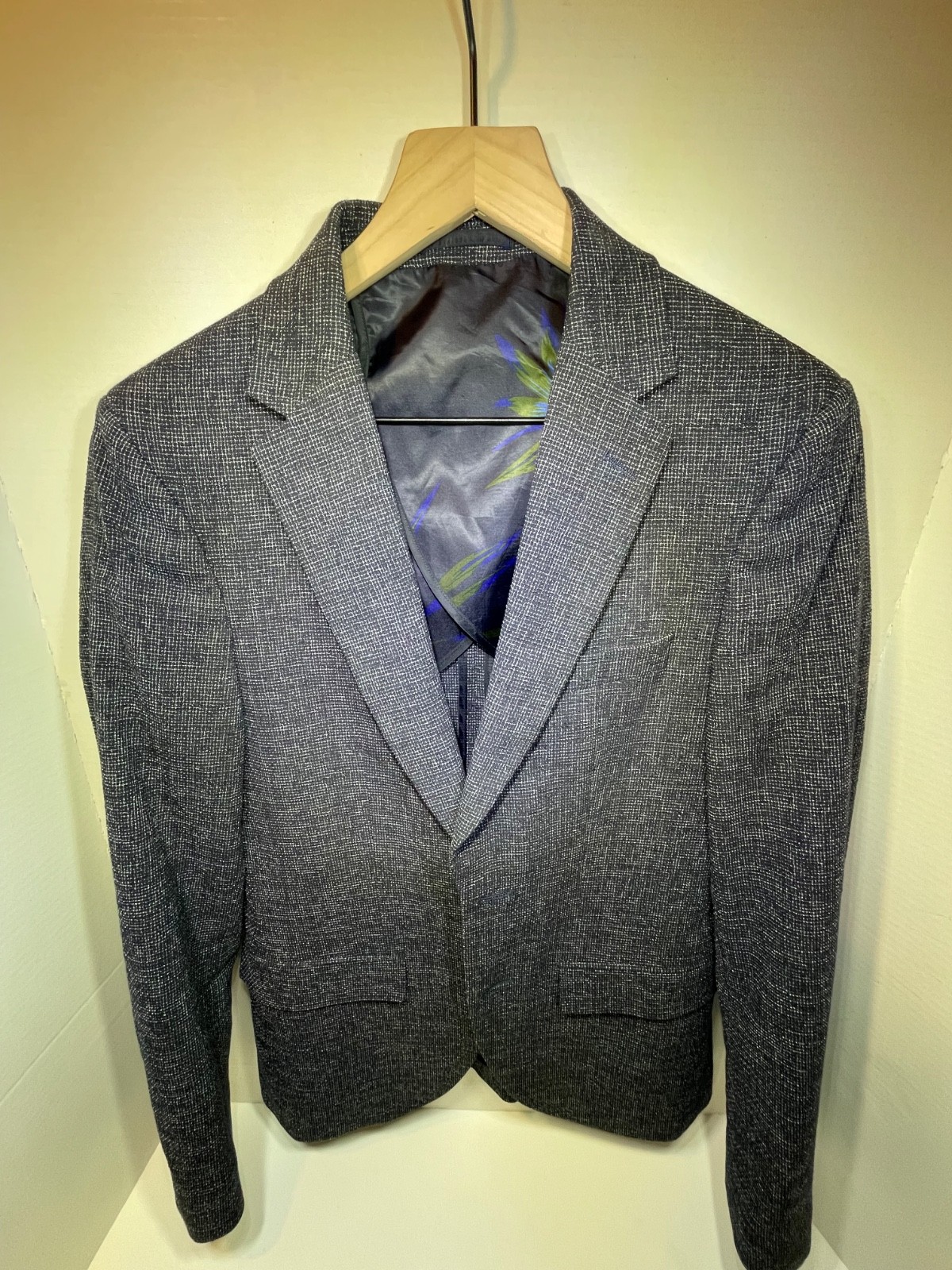 Moss London 40 Men Gray Chevron Slim Fit Tweed Wool-Blend Single-Breasted Blazer