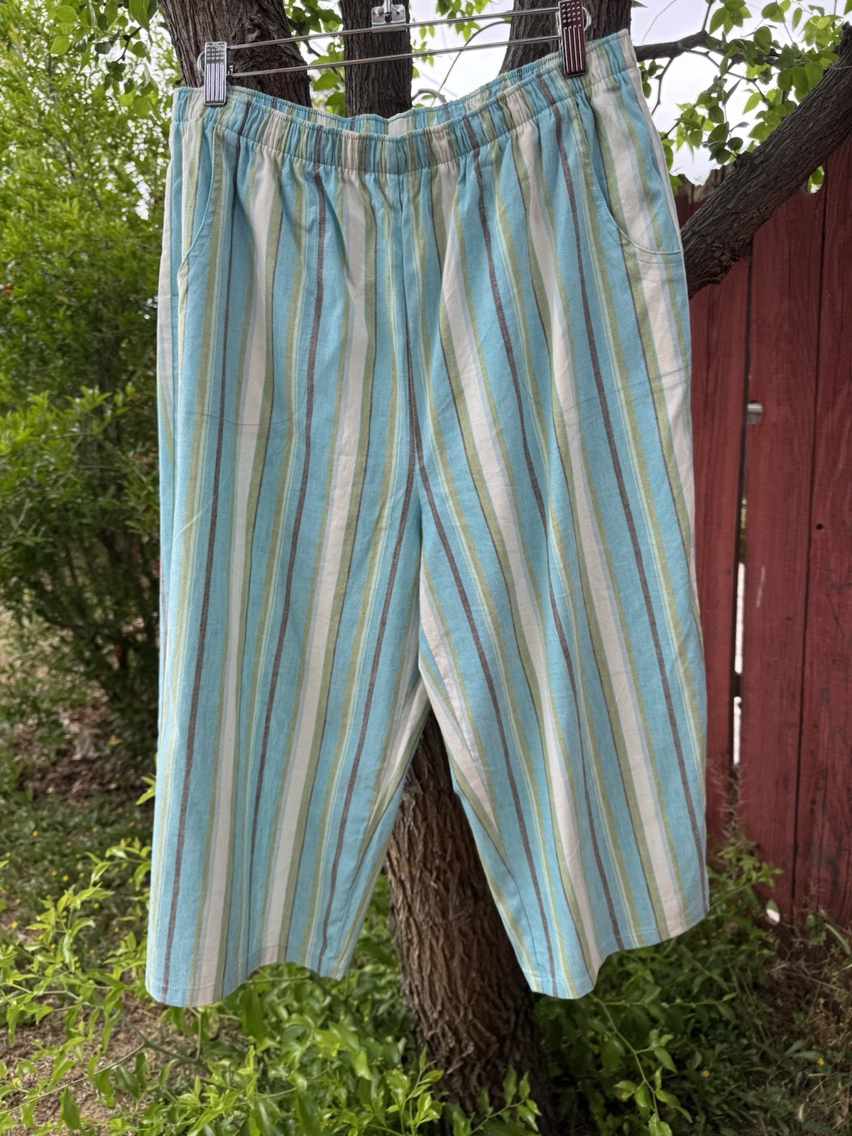 Denim & Co Linen Cotton Striped Elastic Waist Capri Pants Summer Vacation Boho