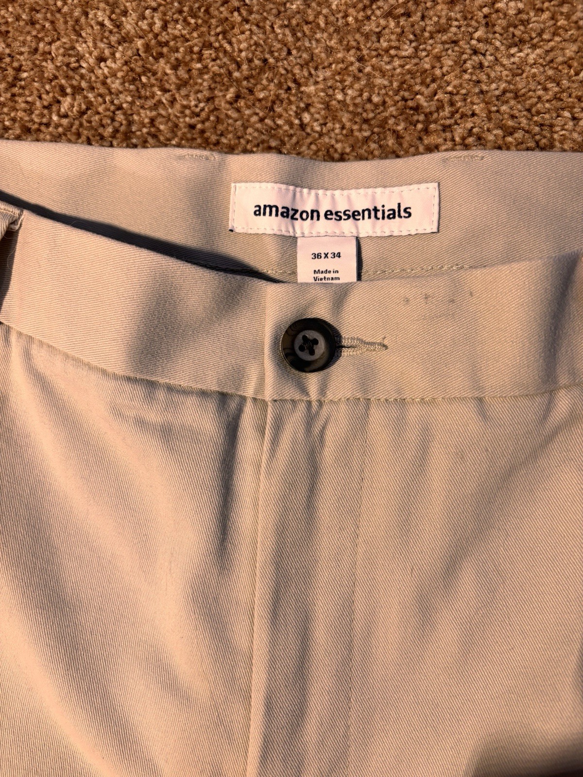 Amazon Essentials Men’s Chino Pants 36×34 Khaki Beige Flat Front Casual