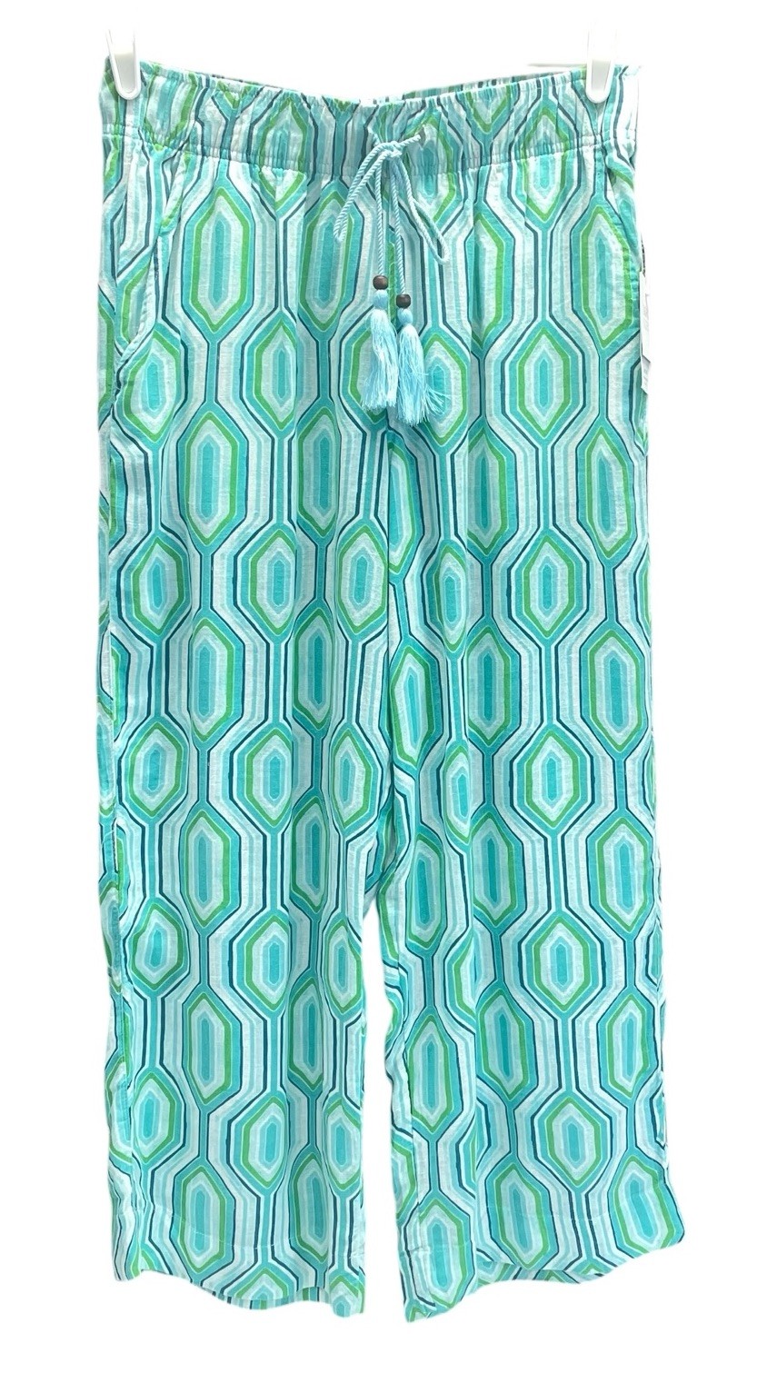 NEW Sigrid Olsen Linen Blend Coastal Beach Pants Womens M Blue Aqua Geometric