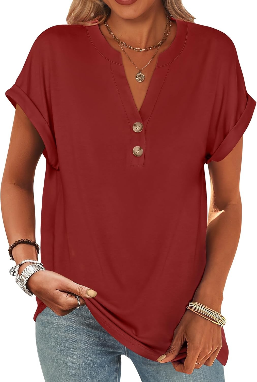 Womens Henley V Neck Short Sleeve Loose Fit Casual Summer Tunic Blouse Top