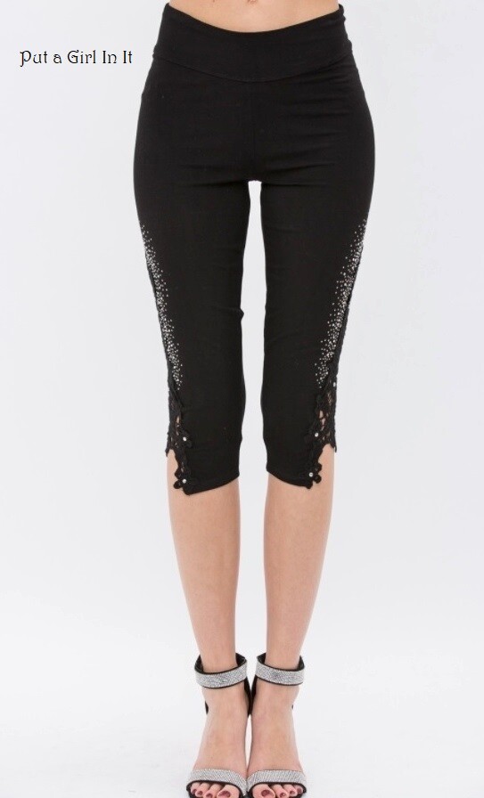 New VOCAL Womens CRYSTAL BLING SOFT BLACK LACE CAPRI LEGGINGS S M L XL 1X 2X 3X