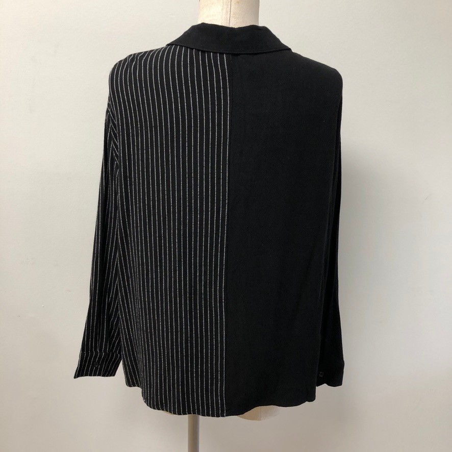 ee:some Button Down Womens Large Black Pinstripe Split Design Cotton Hemp TK9102