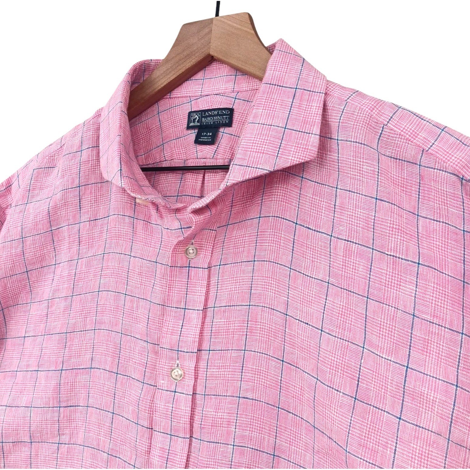 Lands’ End Shirt Mens 17-34 Pink Plaid Baird McNutt Irish Linen Casual Preppy