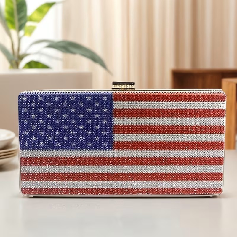 American Flag Rhinestone Evening Clutch Purse Crossbody Patriotic USA Handbag