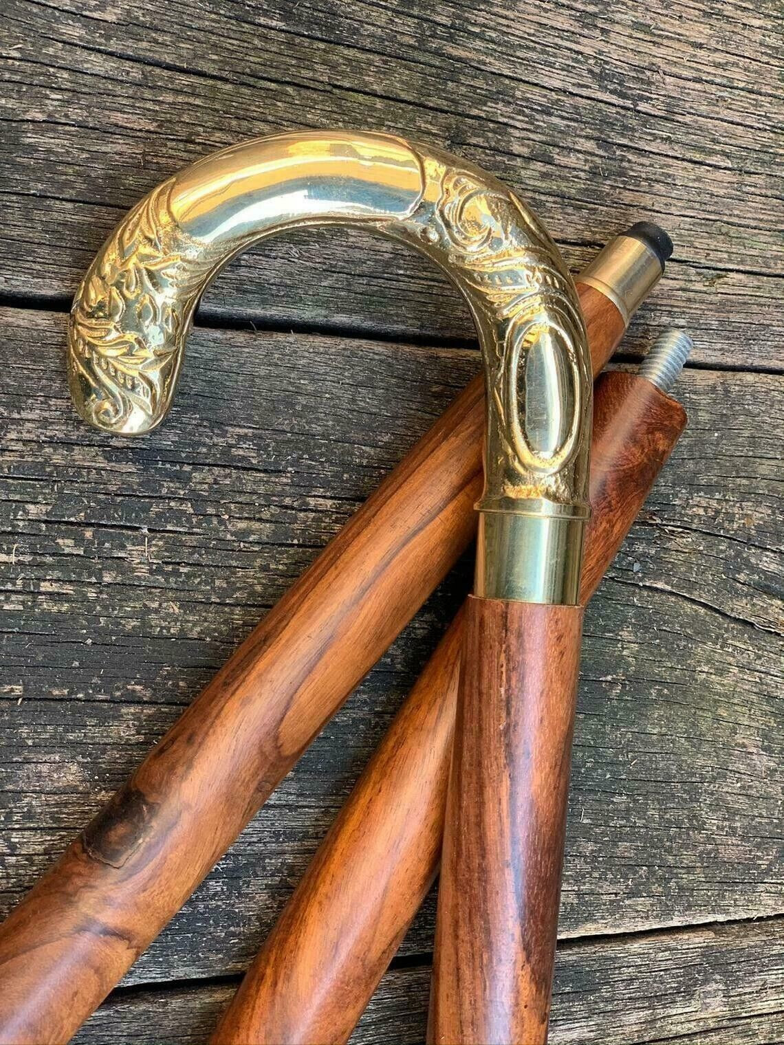Vintage Brass umbrella Head Handle Brown Wooden Walking Stick Cane Victorian new