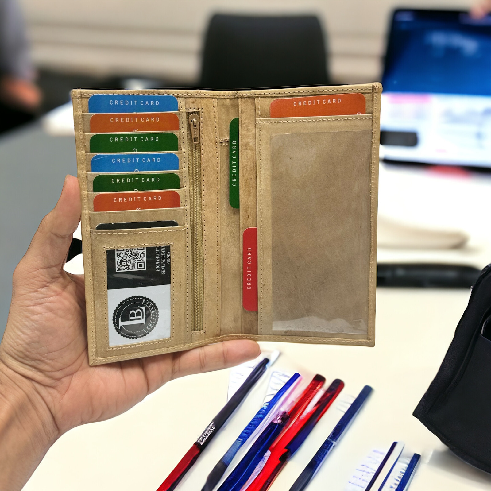 RFID Leather Checkbook Cover With Credit Card Slots and Pen Holder