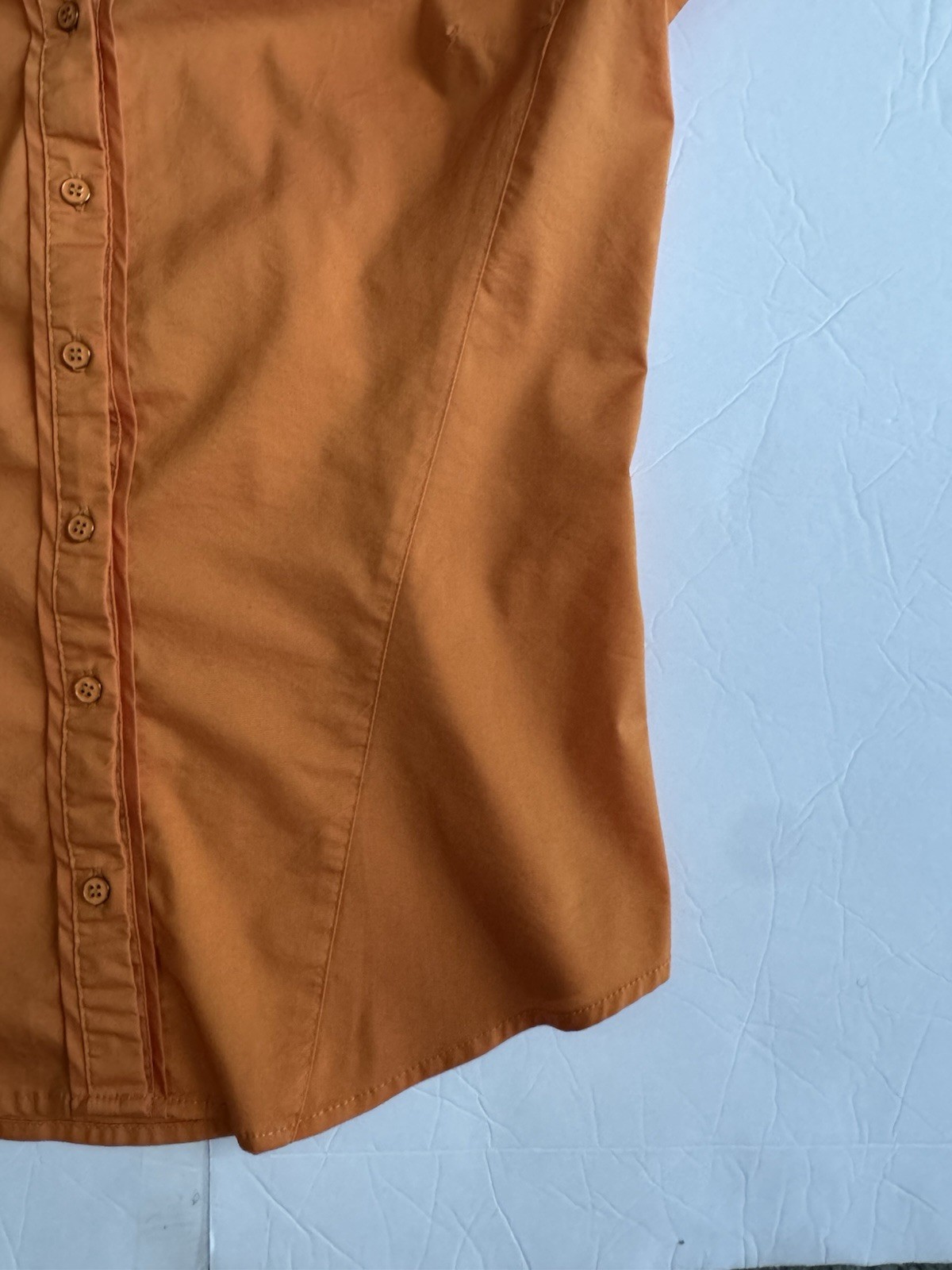 7th Avenue NYC S Orange Button Front Blouse Top Stretch Work Shirt Short Sleev