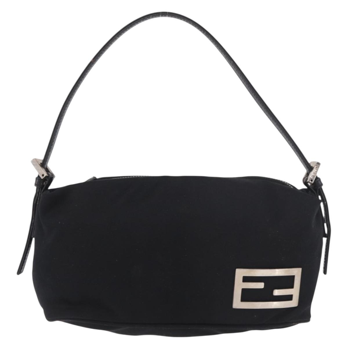 FENDI Shoulder Bag Cotton Jersey Black Silver Auth 186864