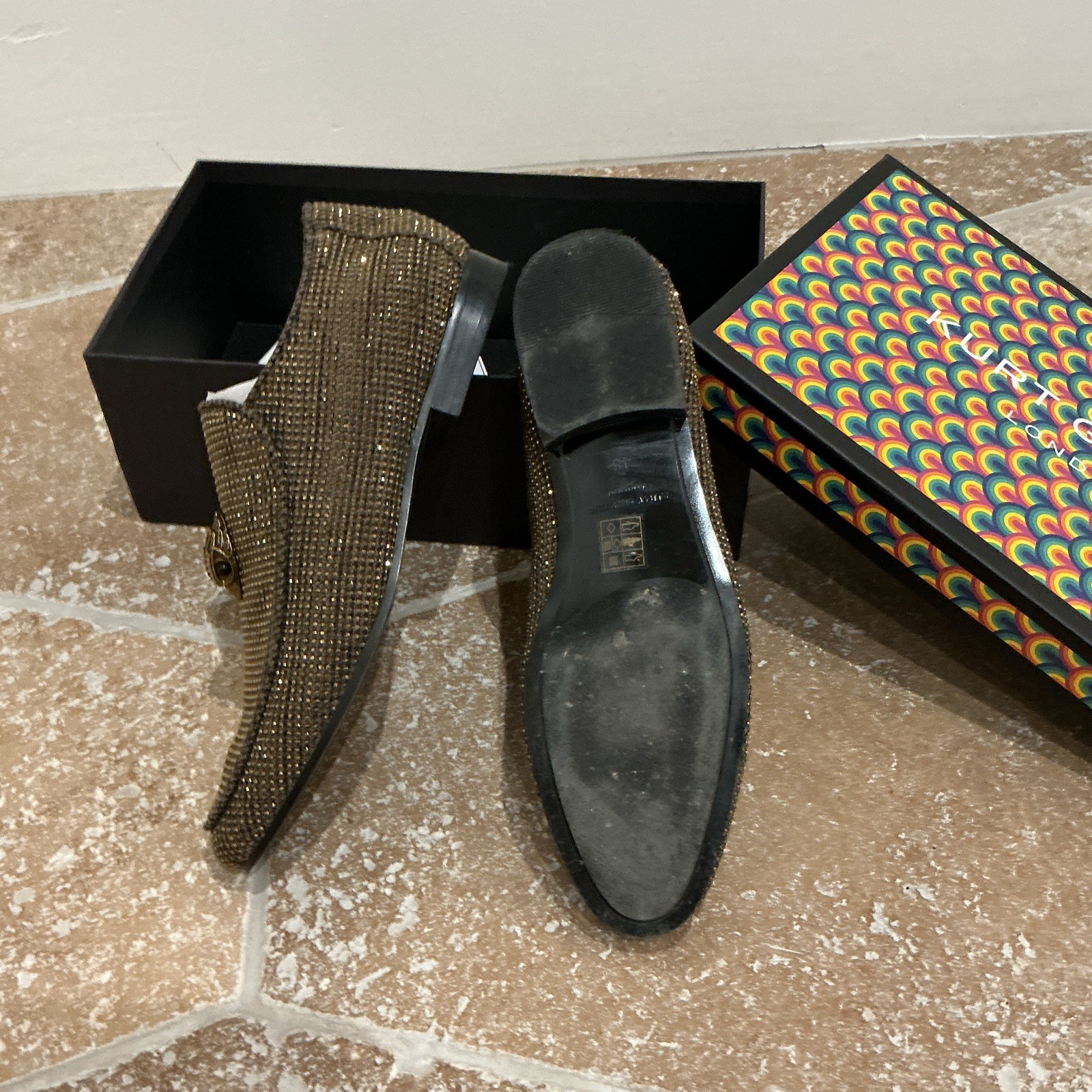 Kurt Geiger Men’s Brown Slip-On Loafer Shoes Almond Toe Logo Accent