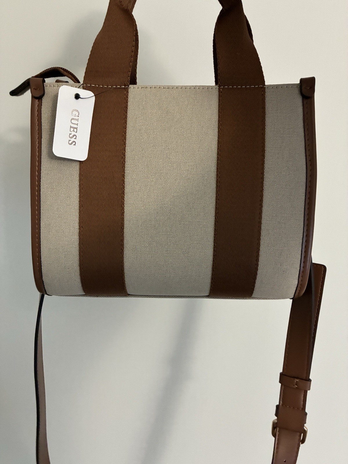 GUESS Jackie Mini Small Tote Bag Handbag Crossbody Brown Natural CB157581 NWT