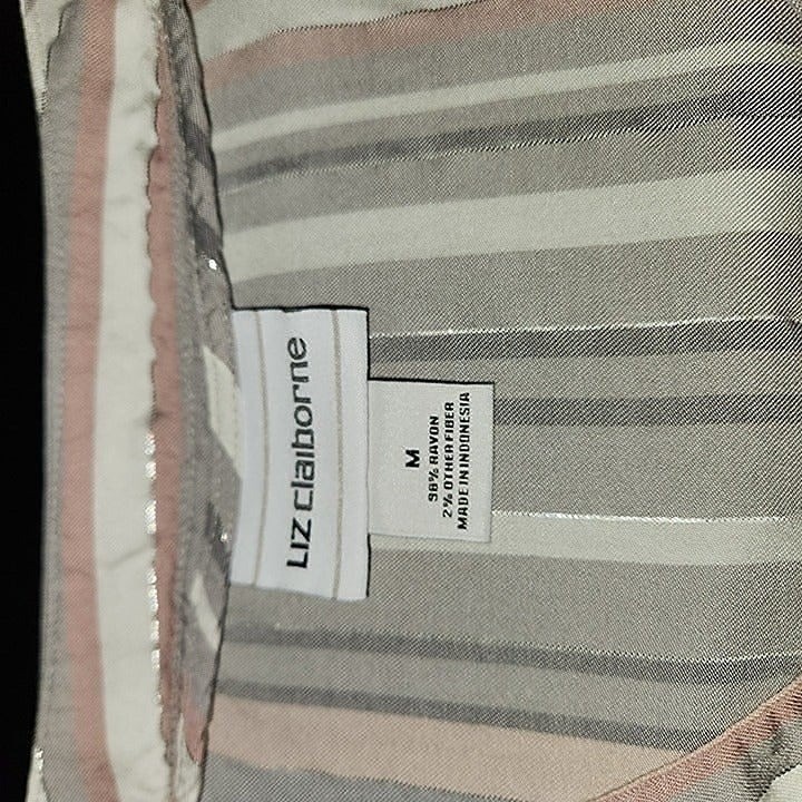 Women’s sz M Liz Claiborne Blouse White Pink Gray Stripe with Silver Threads