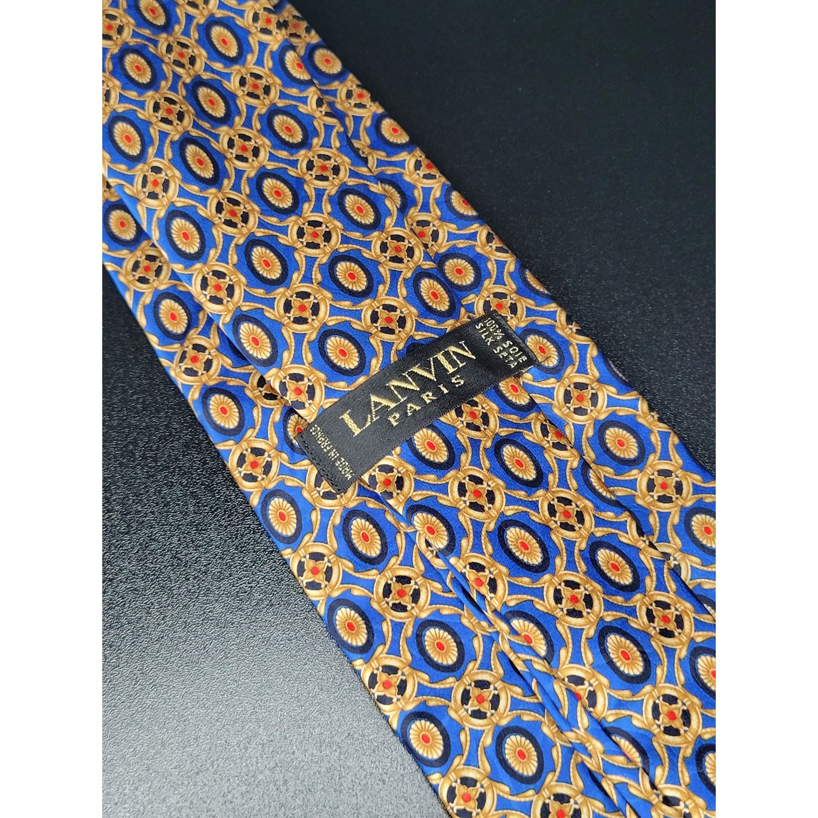 Lanvin Men’s Necktie Blue Gold Geometric Silk 3.75″ x 58″ Excellent