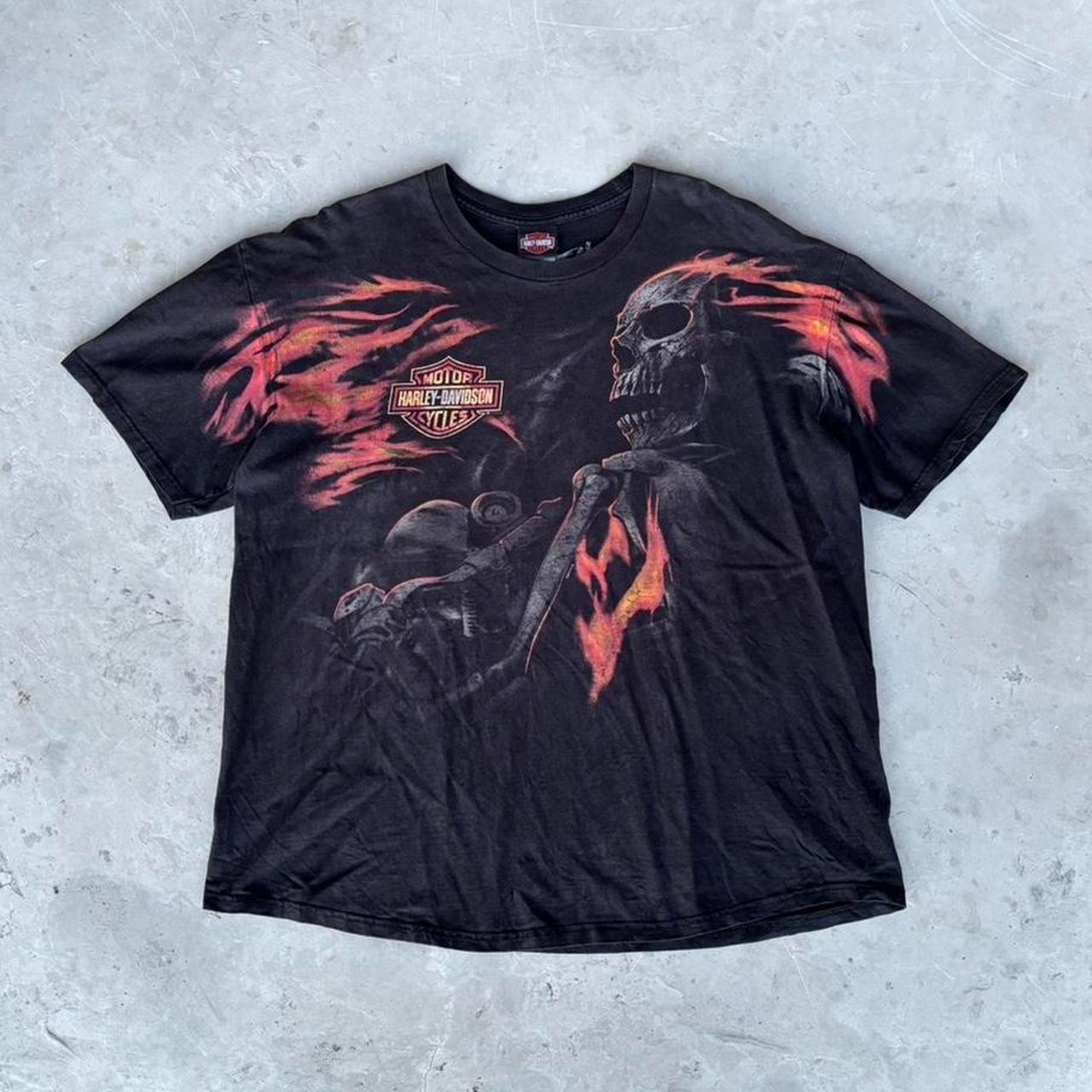 Y2K Harley Davidson Black Flame Skull AOP Waco Texas Biker T Shirt Mens Size XXL