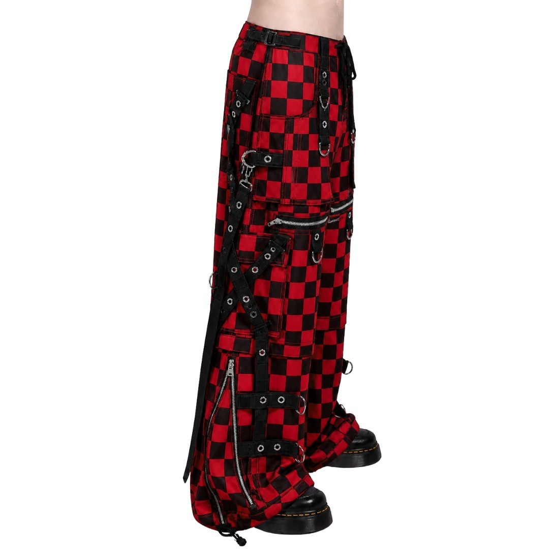 Men’s Cyber Goth Cargo Shorts Red Black Checkered Bondage Straps Wide Leg Punk