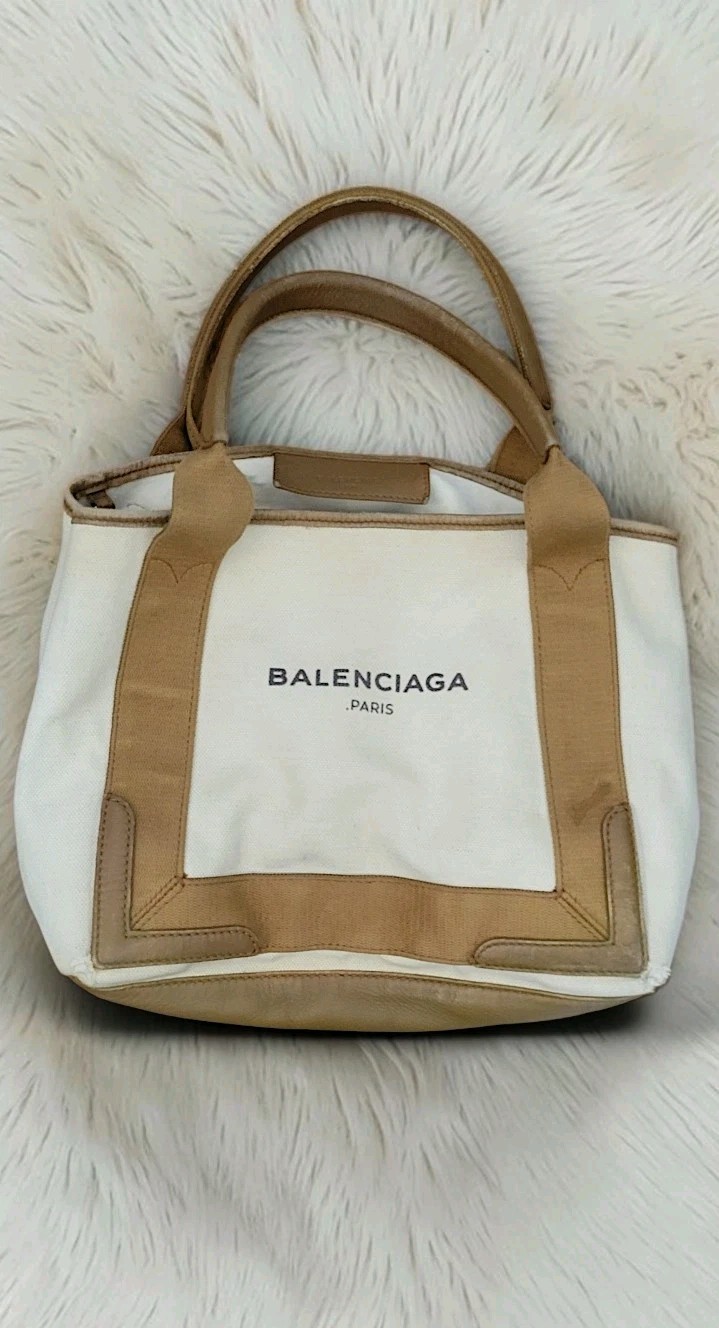 Balenciaga Navy Cabas Tote One Size Beige/Brown Canvas/Leather