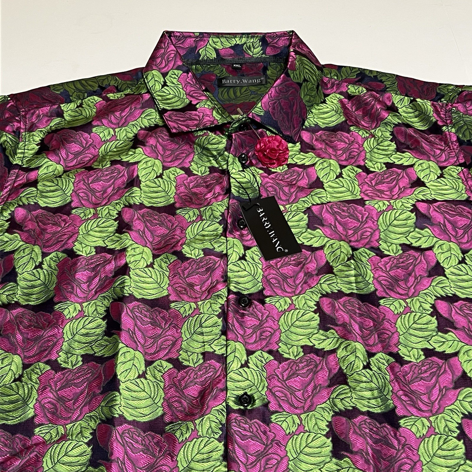 Barry Wang Shirt Men’s XXL Silk Blend Jacquard Floral Flower Print Long Sleeve