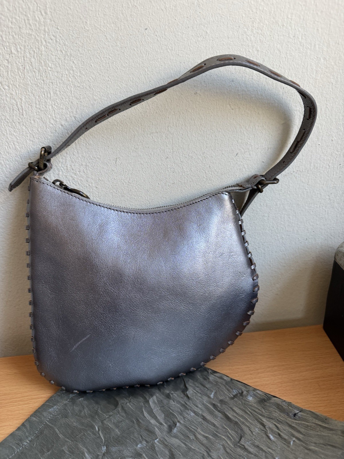 FENDI OYSTER LEATHER METALLIC SILVER SHOULDER BAG SMALL ITALY