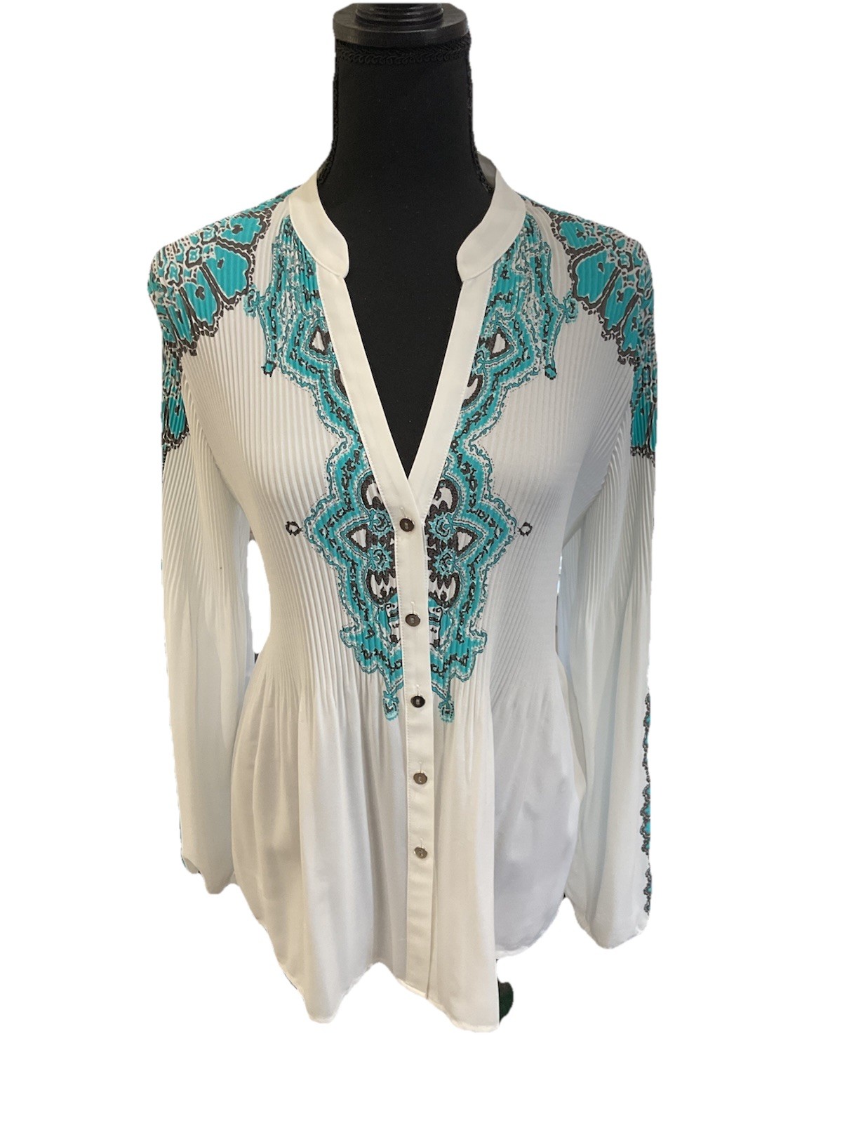 Alfani Petite Turquoise And White Tunic Buttons Small Pull NWT SZ 14 P LONG SLVS