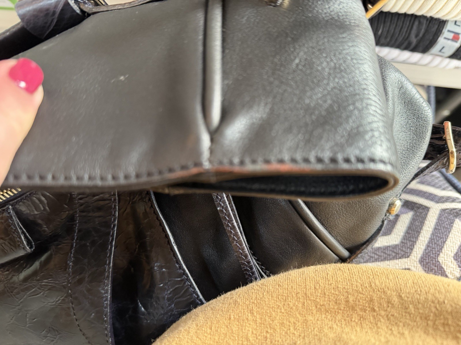 GRYSON Black Leather Tote Bag, Gold Hardware, Zipper & Studded Accents