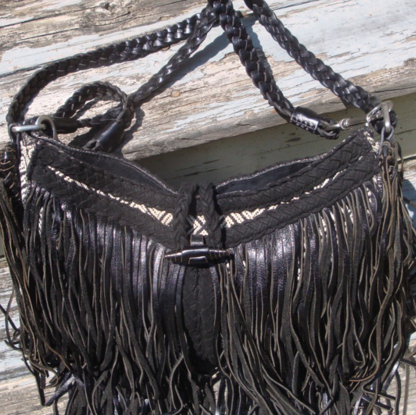 SAM EDELMAN Black Fringe Leather Large Hobo Handbag Boho Hippie Festival Biker