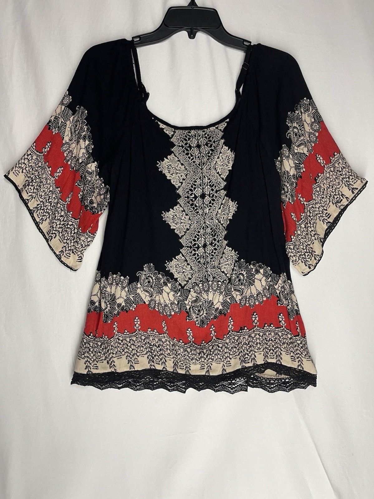 Angie Cold Shoulder Crochet Tassel Bell Sleeve Top Hippie Boho Size M Paisley