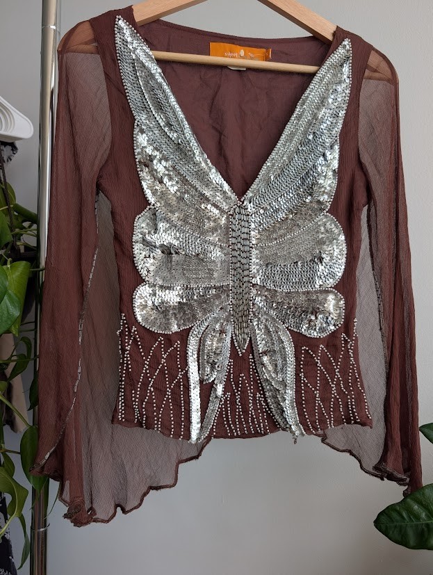 vintage y2k beaded butterfly top S sweet by miss me brown cape fairy festival