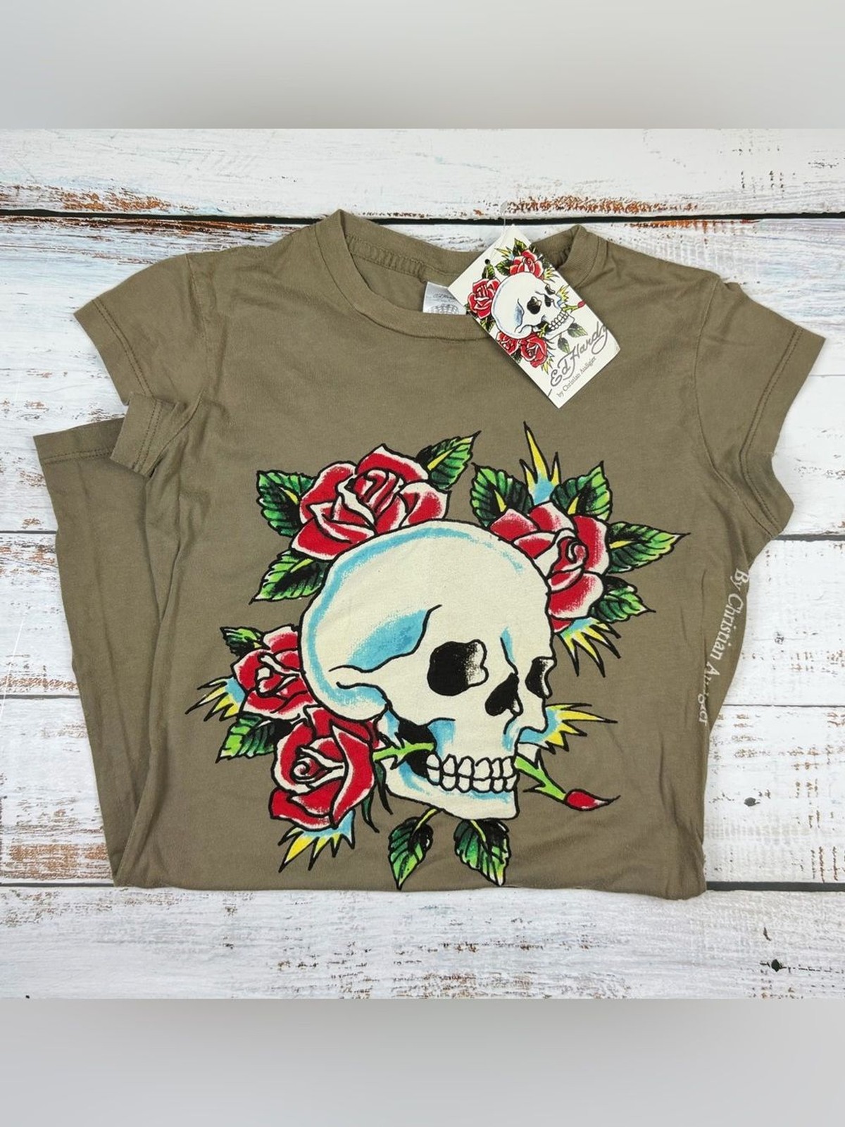 Vintage Ed Hardy Tunic T-Shirt NWT Skull Roses Christian Audigier Olive Brown