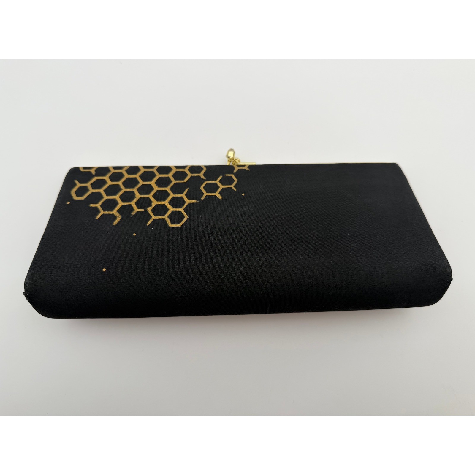 Mary Hamilton Queen Bee Hand Painted Black Gold Honeycomb Clutch Artist Signed