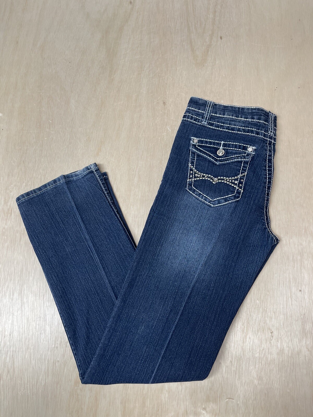 Krystal Jeans Womens Size 11 Approx 33×32 Straight Leg Mid Rise Bling Pockets