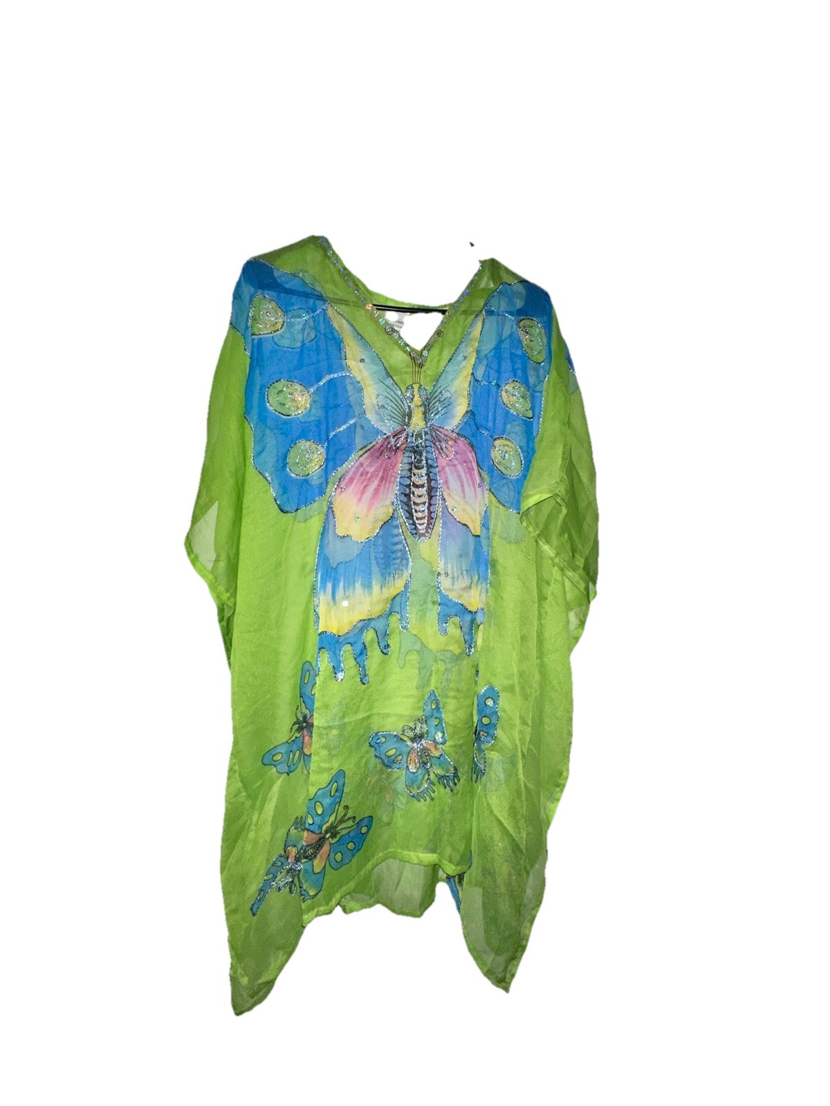 Lime green, sheer butterfly kaftan blouse & beach cover-up One Size Fits Most
