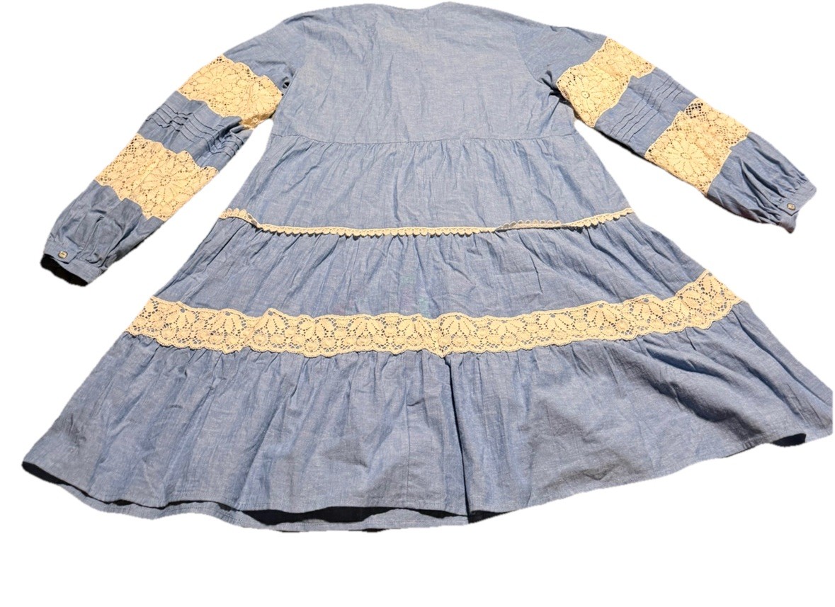 Johnny Was Jade Laguna Pieced Above Knee Cotton Linen Lace Boho Tiered Dress L