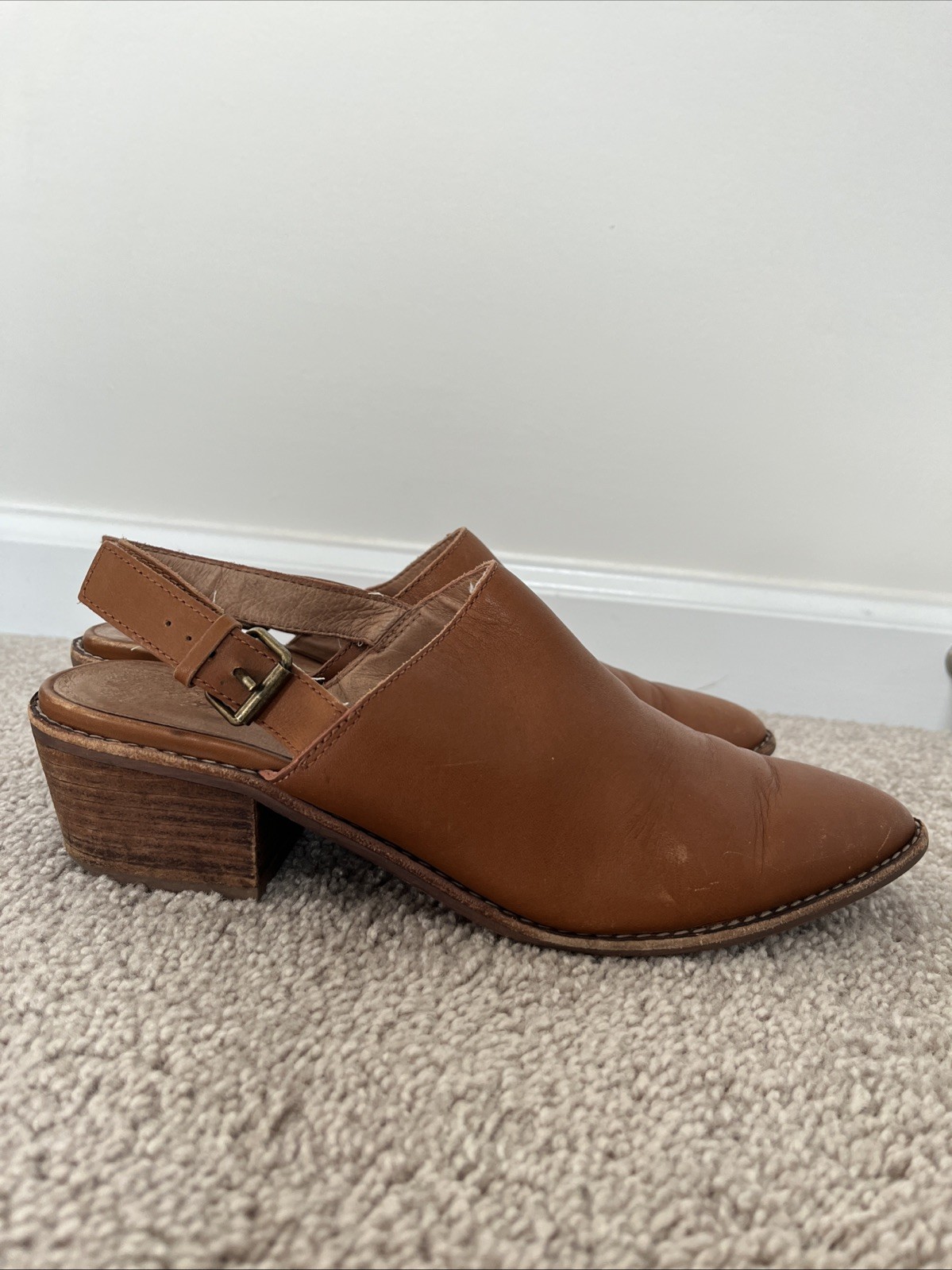 Madewell Size 8.5 Jess Slingback Mule Leather Shoes Brown Pointed Toe Block Heel