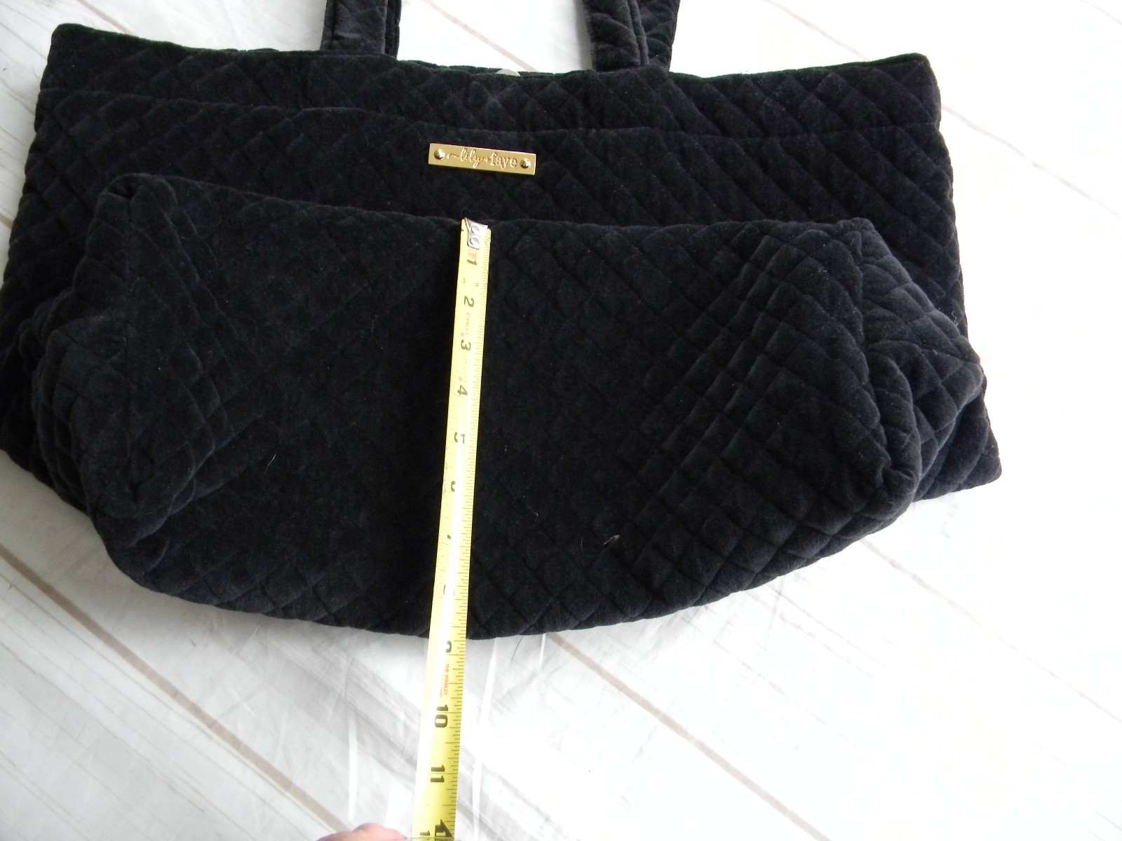 LILY & FAYE BLACK VELVET QUILTED LARGE TRAVEL WORK TOTE