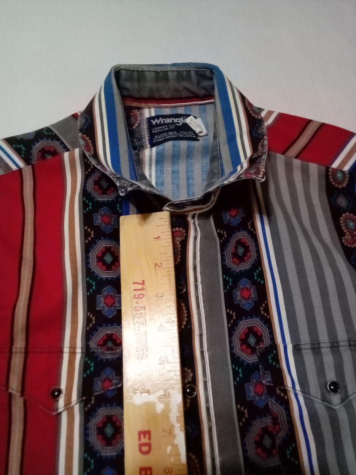 Vintage 90s Wrangler Brushpopper Western Black Pearl Snap Aztec USA Shirt