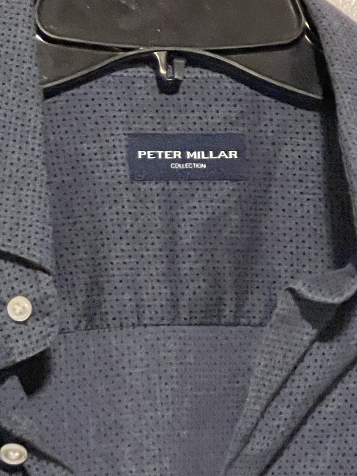 PETER MILLAR SATEEN BLUE GEO DRESS SHIRT COTTON DOUBLE BUTTON CUFF MEN LARGE