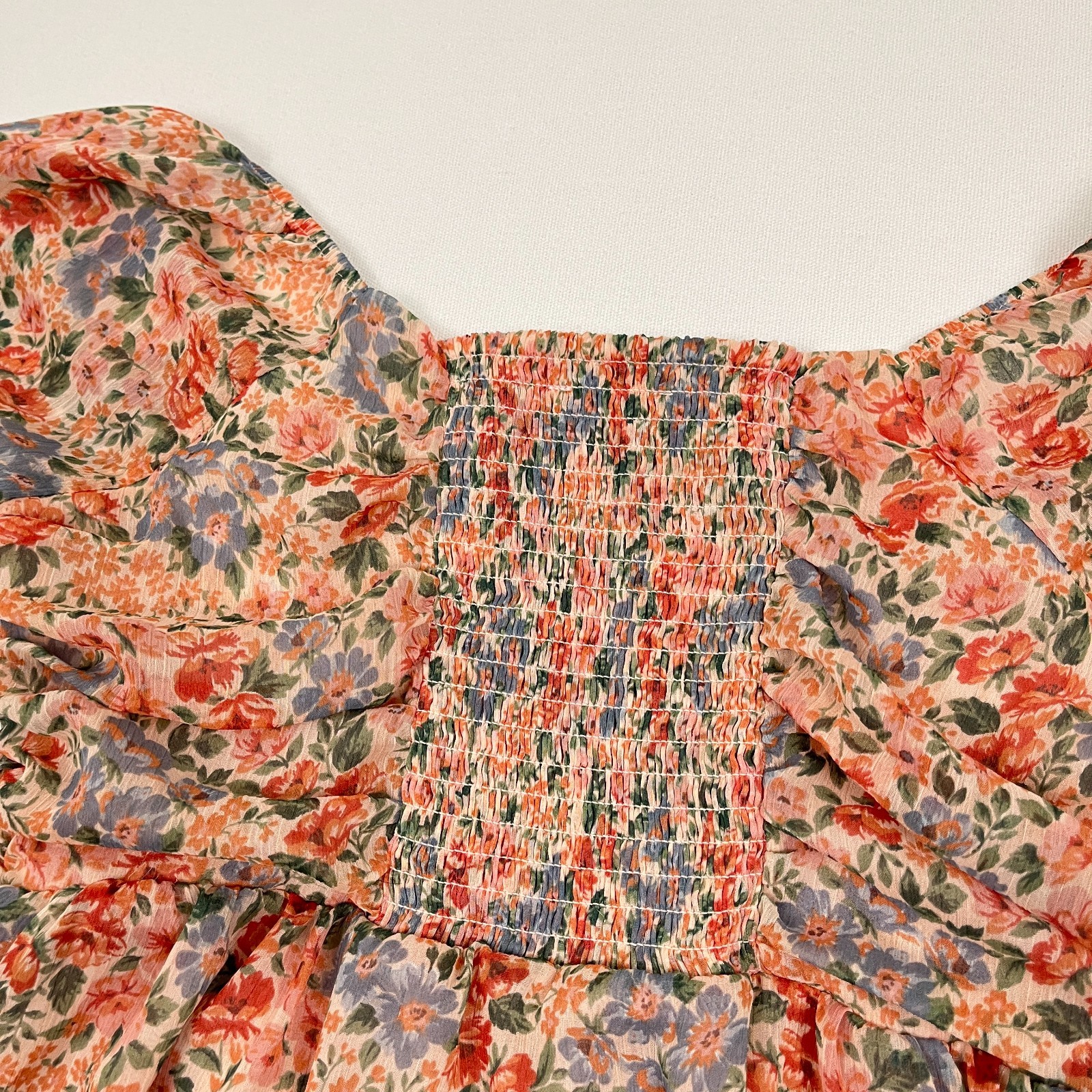 American Eagle Blouse Womens S Multi Floral Chiffon Ruched Babydoll Peasant Boho