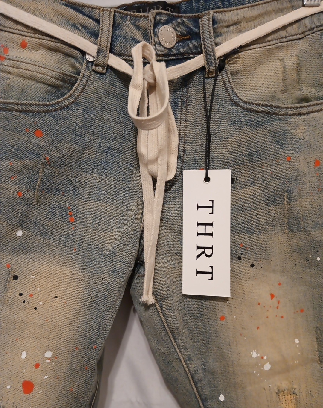 THRT Citrus Denim Jean Men 28 Blue Paint Splatter Slim Leg Distressed Drawstring