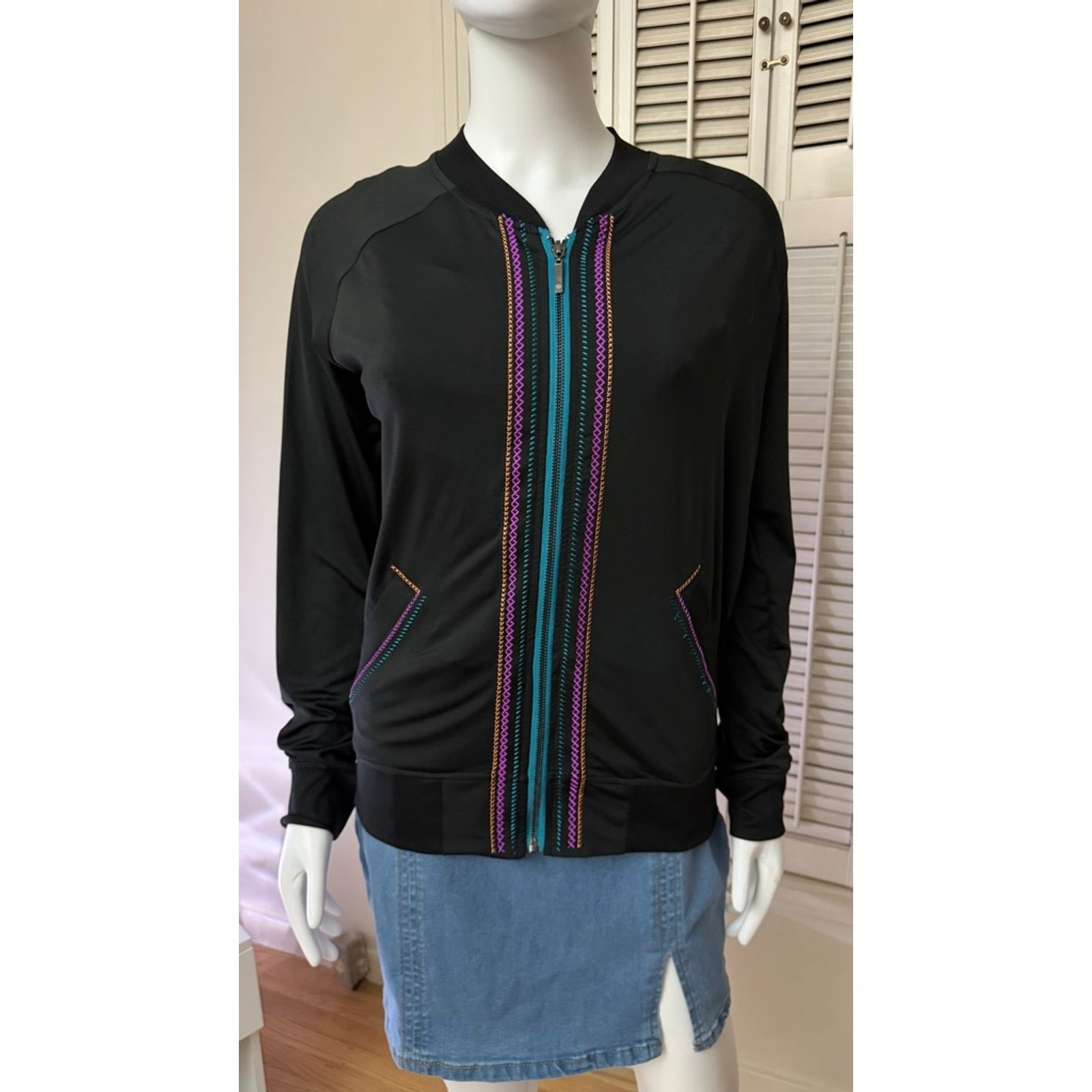 Cruel Girl Black Embroidered Bomber Jacket Full Zip Multi Color Stitching Medium