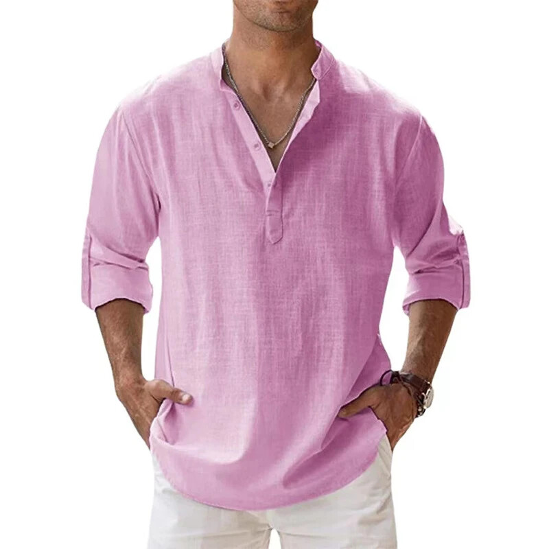 Men Casual Shirt Long Sleeve Cotton Linen Beach T Shirt Lightweight NEW 8 COLORS